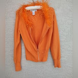 Feather trim zip up sweater